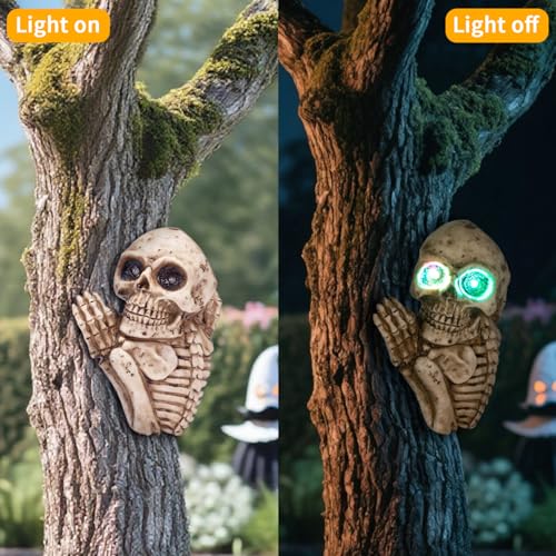 Aged Halloween Skull Solar Light Outdoor 9'' Spooky Skeleton Garden Decor - Ghost & Tree Peeker