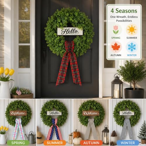 24-Inch Artificial Boxwood Wreath with Ribbons & Welcome Sign for Front Door