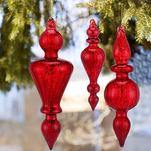 Mercury Glass Finial Christmas Ornaments - Red, 6 Inch, Set of 8