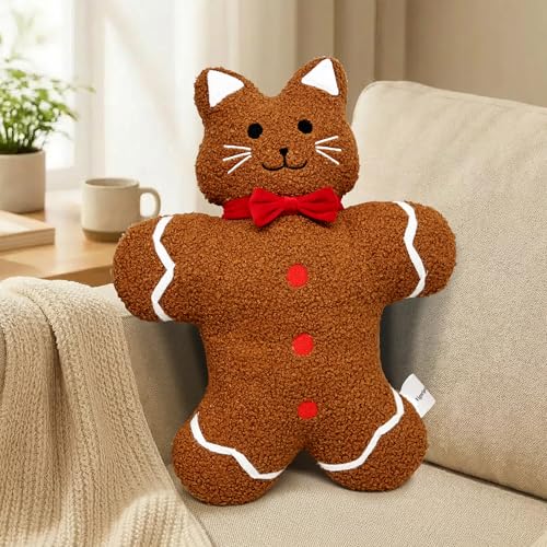 17 Inch Gingerbread Cat Plush Pillow - Cozy Decorative Throw Cushion