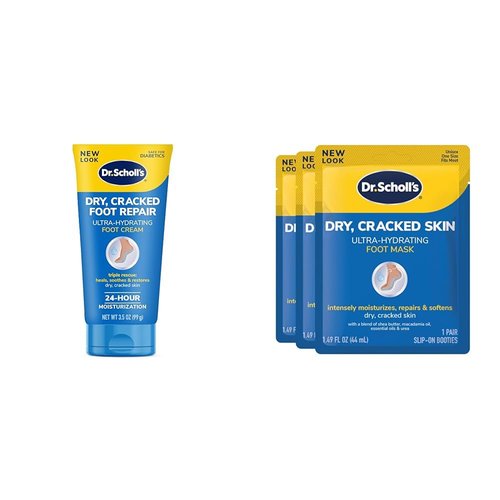 Dr. Scholl's Dry, Cracked Foot Repair Ultra-Hydrating Foot Cream 3.5 oz & Dry, Cracked Skin Ultra-Hydrating Foot Mask, Intensely Moisturizes Repairs and Softens Rough Dry Skin with Urea, 1 Pair