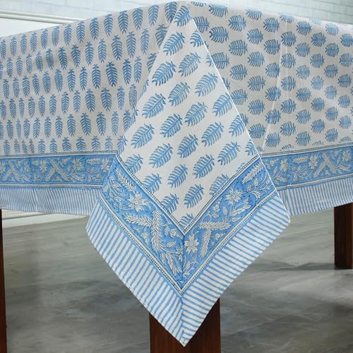 Cerulean Blue Hand Block Print Cotton Tablecloth 140x72 Rectangle - Rustic Farmhouse Style