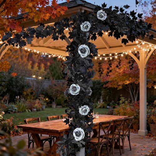 Black Rose & Maple Leaf Garland Set - Blue Gray Vines, 2 Pcs