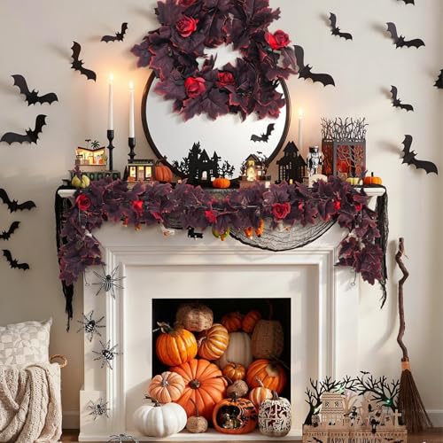 Fall Leaves Garland with Burgundy Maple & Black Rose Accents - 11.4ft Decorative Vine