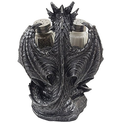 Mythical Dragon Salt and Pepper Shaker Set with Holder - Gothic Fantasy Decor