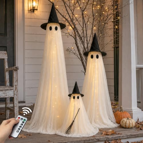 Halloween Outdoor Lighted Ghost Family 3 Pack - L+M+S with Timer & Remote
