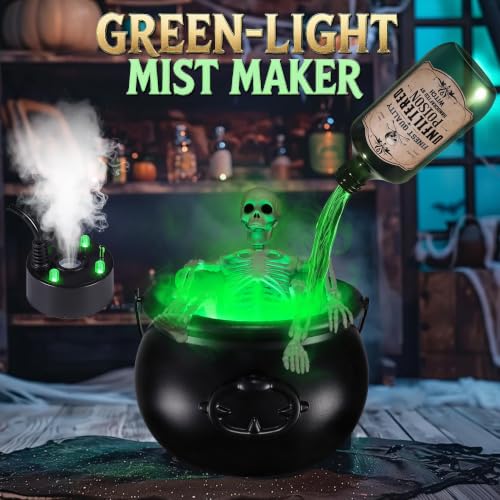 Green Halloween Cauldron Bowl with Skeleton and Fog Effect - Splashproof Decor