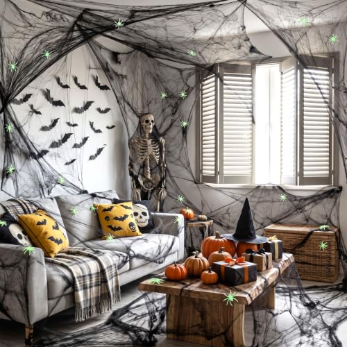Simgoing Halloween Spider Webs Set with 200 Glow-in-the-Dark Spiders - Black / 204 Variation