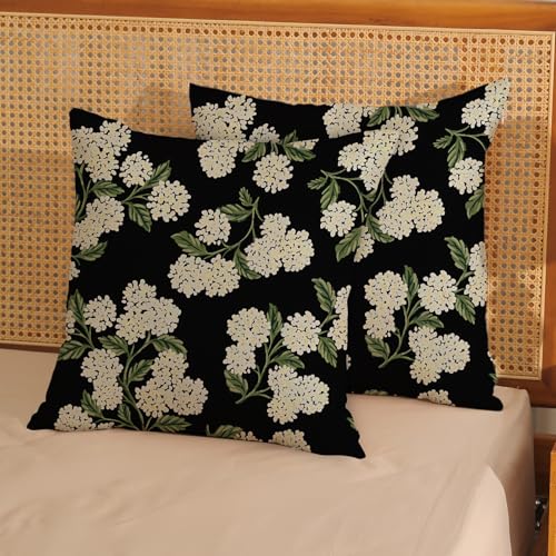 20x20 Inch Set of 2 Black Pillow Covers with Hydrangea Floral Pattern - Outdoor Linen Cushion Cases