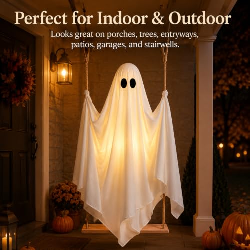 5FT Outdoor Hanging Ghost Swing Decor with Lights and Remote Timer