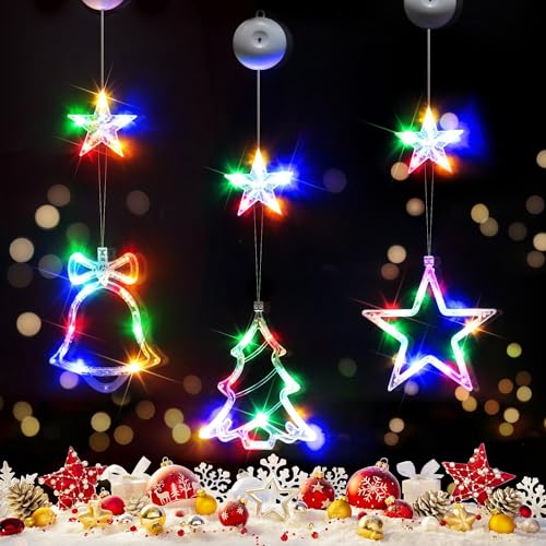 Multicolor Christmas Window Lights Decoration with Star Bell Tree - Battery Operated, 3 Pack