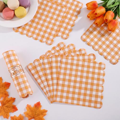 Orange Gingham Paper Napkins - Fall 6.5 Inch Scalloped 2-Ply, 80 Pack