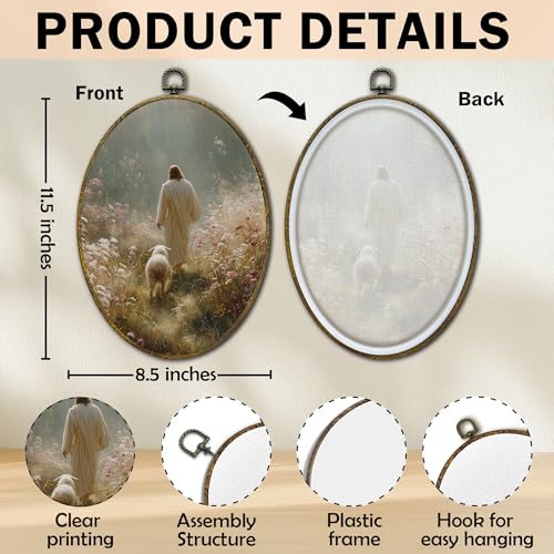 Christian Wall Art Decor Jesus and Lamb Oval Canvas Print - Religious Home Decor