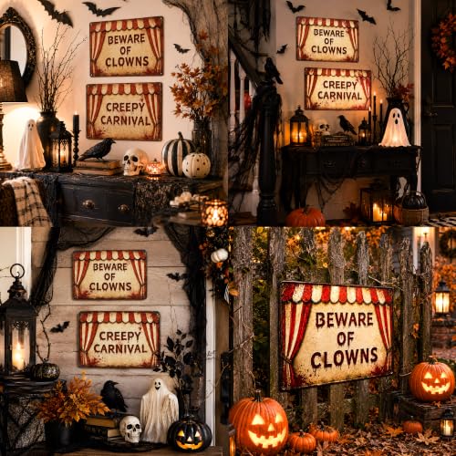 Halloween Clown Metal Signs Set - Creepy Carnival Warning Decor
