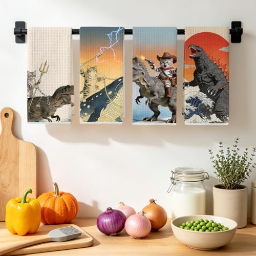 Multi 1484 Funny Cat Kitchen Towels - Godzilla Japanese Cats Gift Set - 4 Pcs