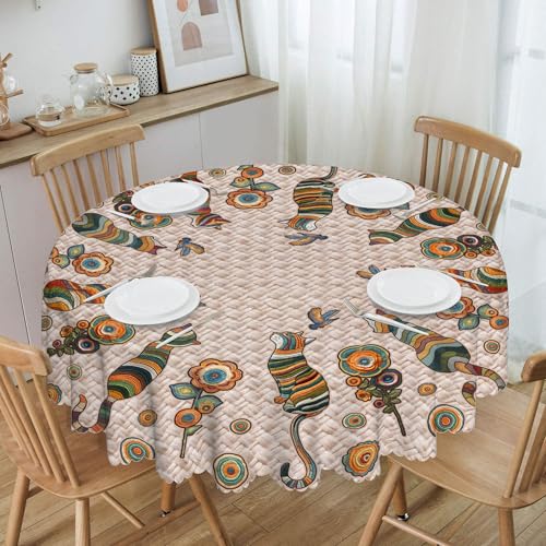 Vintage Cat Round Tablecloth 60 Inch Waterproof & Stain-Resistant