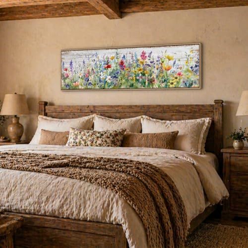 Wood Framed Colorful Wildflower Wall Art - Farmhouse Canvas Decor 14x48” - Flower Landscape