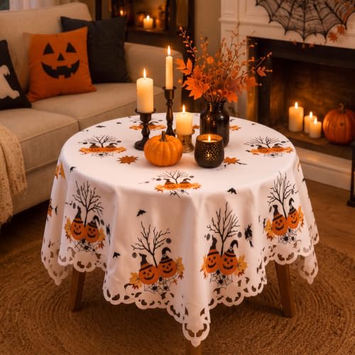 Halloween Embroidered Ivory Tablecloth 34 Inch - Spooky Pumpkin Bat Web