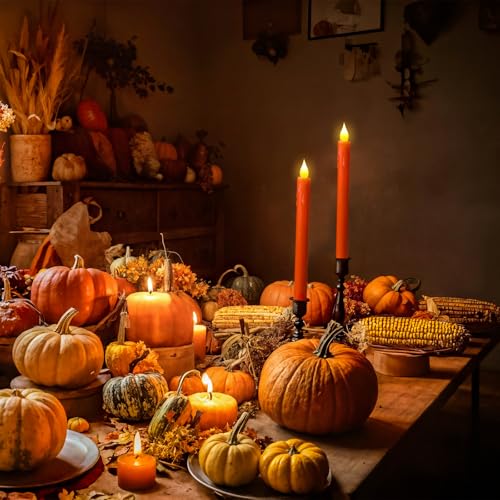 Orange Flameless Taper Candles Set - Real Paraffin Wax Flickering Battery-Operated for Thanksgiving & Fall Decor