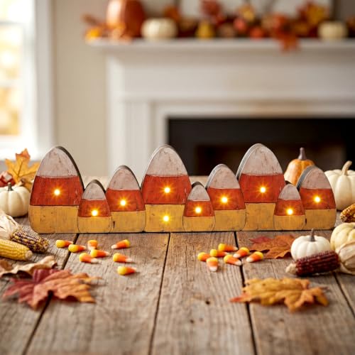 Lighted Candy Corn Table Centerpiece Halloween Fall Decor - Wooden Pumpkin