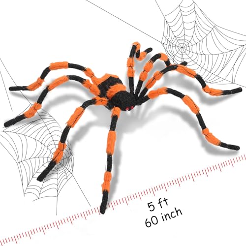 Giant Orange Spider Halloween Decoration 60” Lighted Prop with Red Eyes & LED Lights