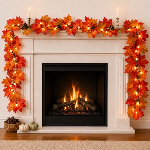 9FT Fall Garland with Lights - Maple Leaf Seasonal Home Decor