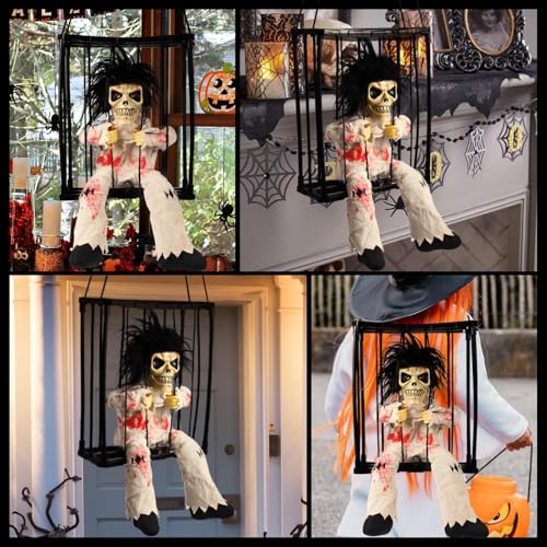 Animated Halloween Skeleton Ghost Hanging Prop with Motion Sensor and Sound - Lights Up Eyes for Indoor Outdoor Decor