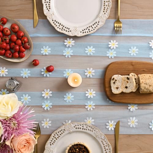 28x120 Inch Sky Blue Daisy Gauze Embroidery Table Runner for Dining & Holiday Decor