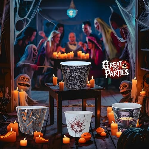 Popcorn Bowls Set for Movie Night Halloween Party - 4 Reusable Plastic Snacks