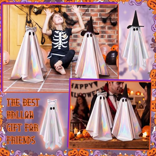 Halloween Iridescent Ghost Decorations with Witch Hat & Bow - 2pcs Indoor Decor