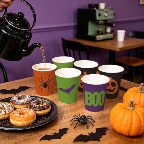 Halloween Paper Cups 9oz - Spider Design, Colorful Spider Variation, 48 Pack