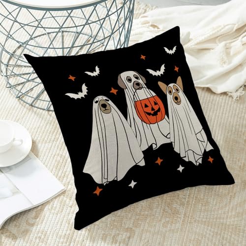 Halloween Pillow Covers 18x18 Pack of 2 - Black Beige Dog & Bat Decor