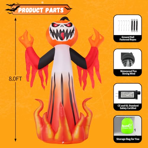 8 Ft Halloween Inflatable Pumpkin Demon with LED Lights - Outdoor Yard Decor