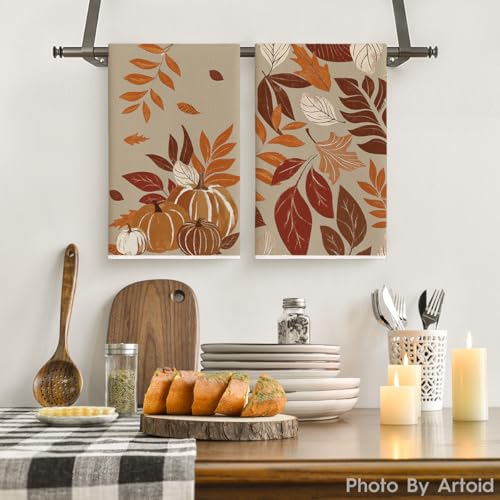 Fall Maple Leaves & Pumpkins Kitchen Towels Set of 2 - 18x26 Inch, Soft & Absorbent