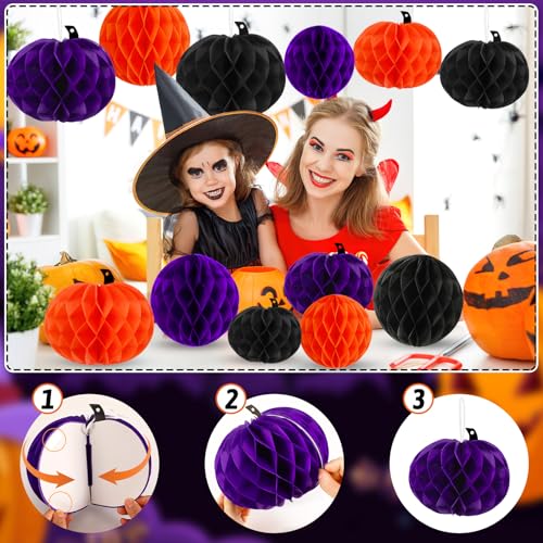 Halloween Honeycomb Hanging Decorations Set - Orange Purple Black, 15 Pieces - Halloween Style