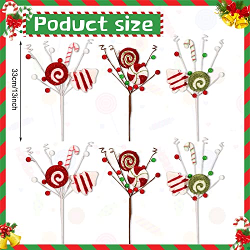 Set of 6 Christmas Candy Cane Tree Picks - Holiday Decor, Red Green White Stripes
