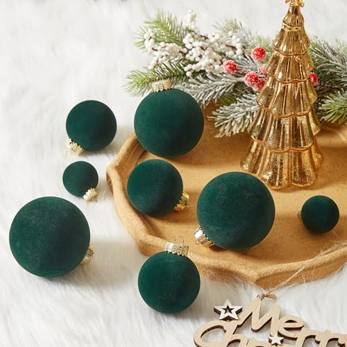 Green Velvet Christmas Ornaments Set 38Pcs Flocked Shatterproof Holiday Decorations