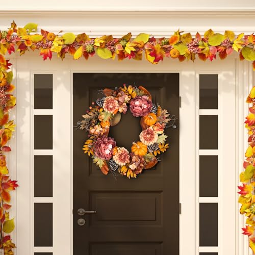 28-Inch Artificial Peony and Pumpkin Fall Wreath with Pine Cones - Rustic Decor