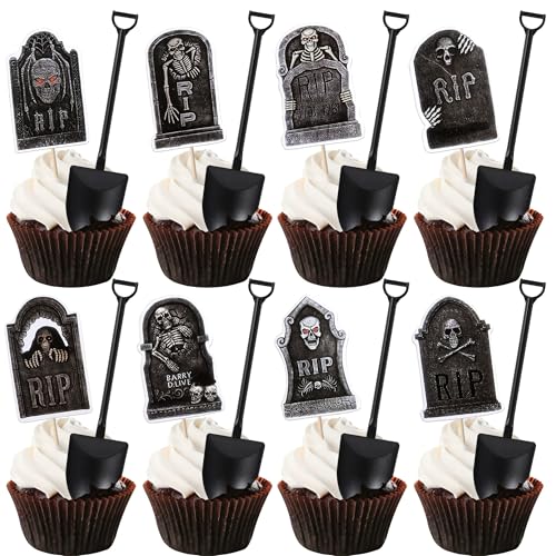 Halloween Cupcake Toppers & Mini Shovel Spoons Set - 23 Variation, 48 pcs