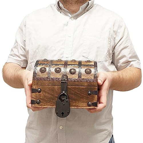 Pirate's Treasure Chest Jewelry Box with Lock & 2 Keys - 8x6x6 Inches, Wooden Nautical Decor - 1 Pack