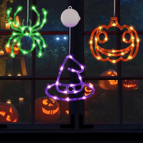 Halloween Window Lights Set - Pumpkin, Witch Hat & Spider Shapes, 3 Pack (Orange Purple Green)