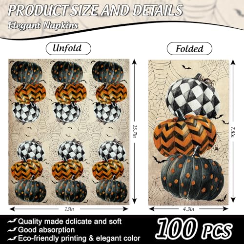 Halloween Guest Napkins - Vintage Spiderweb Pumpkin Design, 100Pcs