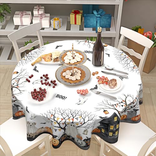 Halloween Round Tablecloth 60 Inch - White Ghost Design, Orange Black Variations
