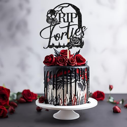 Rip Forties Cake Topper - Black Glitter Rip to My 40s Birthday Decorations