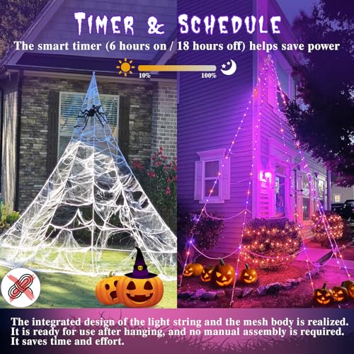 Halloween Spider Web Lights 17FT Giant Net with 290 LEDs & 8 Modes - Purple & Orange Variation