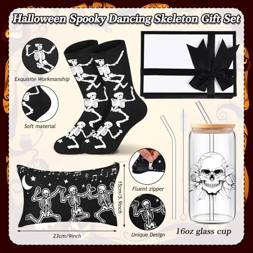 Halloween Spooky Gothic Gift Set with Skeleton Glass Cup Makeup Bag Socks & Gift Box - Gothic Halloween Decor