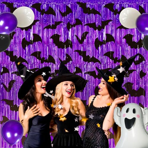 Halloween Purple Fringe Curtain with Bat Decorations - 2 Pack, 3.3 x 6.6 ft