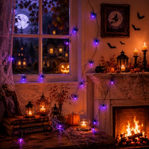 Halloween Spider String Lights 2 Pack - 20 LED Waterproof Outdoor Decor with Timer
