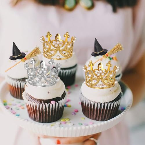 Halloween Witch Hat Cake Topper Set with Broom and Crown - 16 Pack for Parties & Celebrations - Variation 1