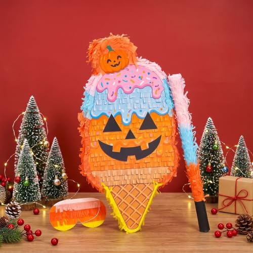 Large Halloween Pumpkin Piñata - Orange Ice Cream Cone Decoration, 21 Inch